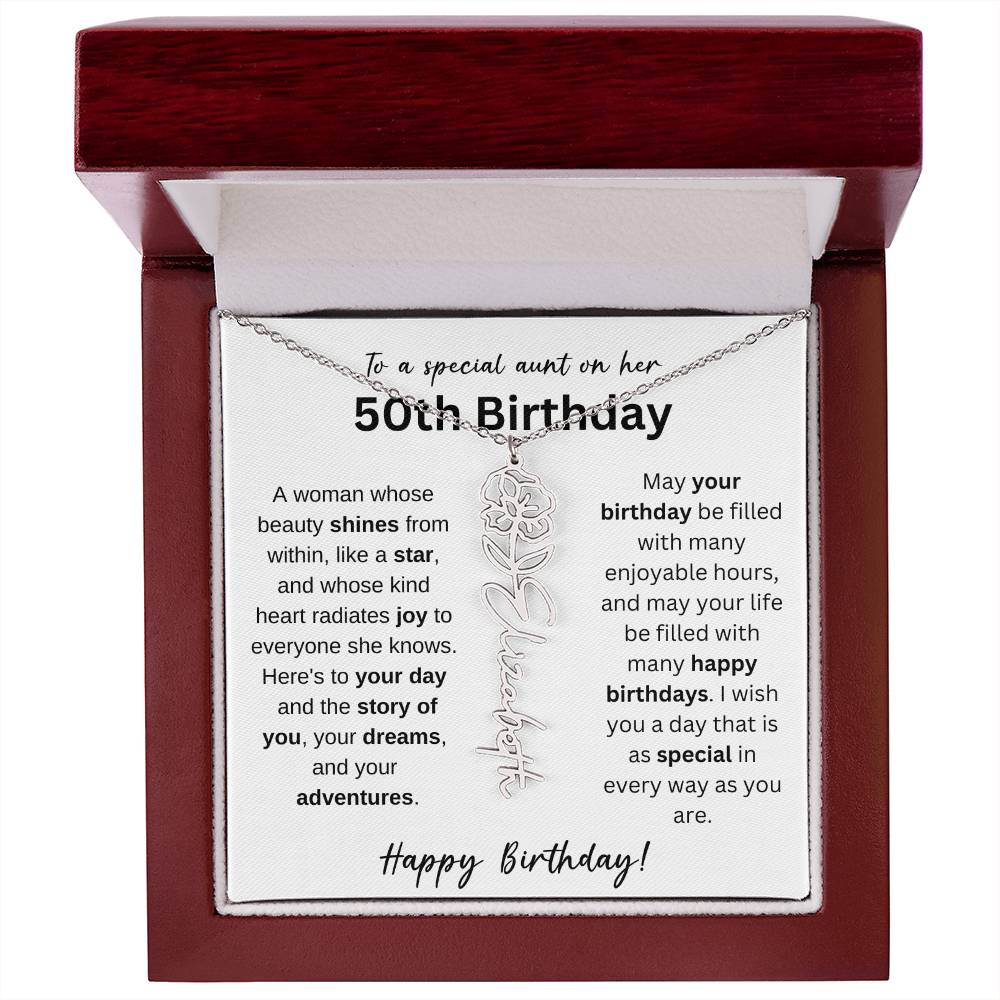 To A Special Aunt Happy 50th Birthday - Flower Name Necklace