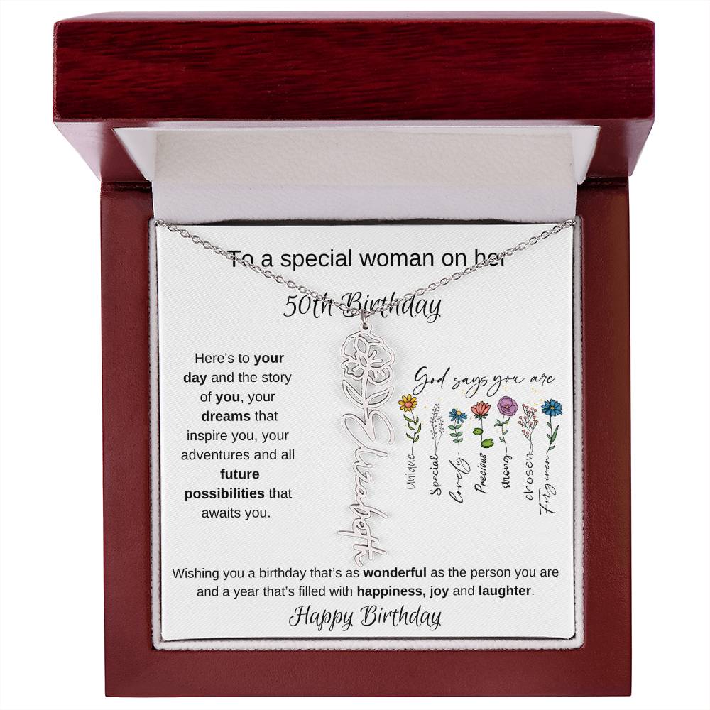 To A Special Woman On Her 50th Birthday - Flower Name Necklace