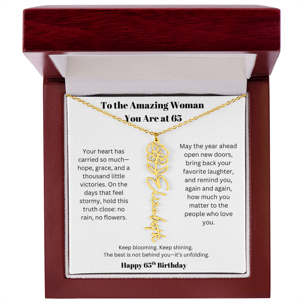 To The Amazing Woman | 65th Birthday Keepsake Jewelry | Flower Name Necklace