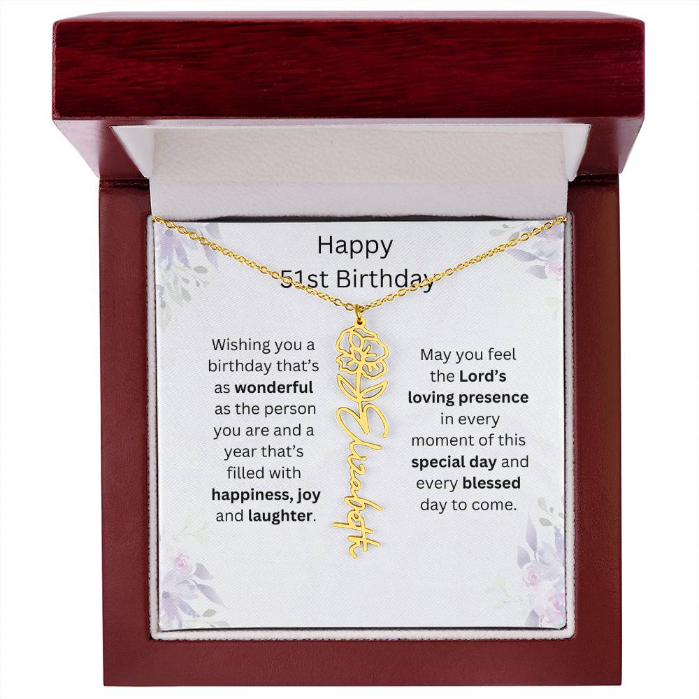 Wishing You Happiness, Joy & Laughter - Happy 51st Birthday | Flower Name Necklace
