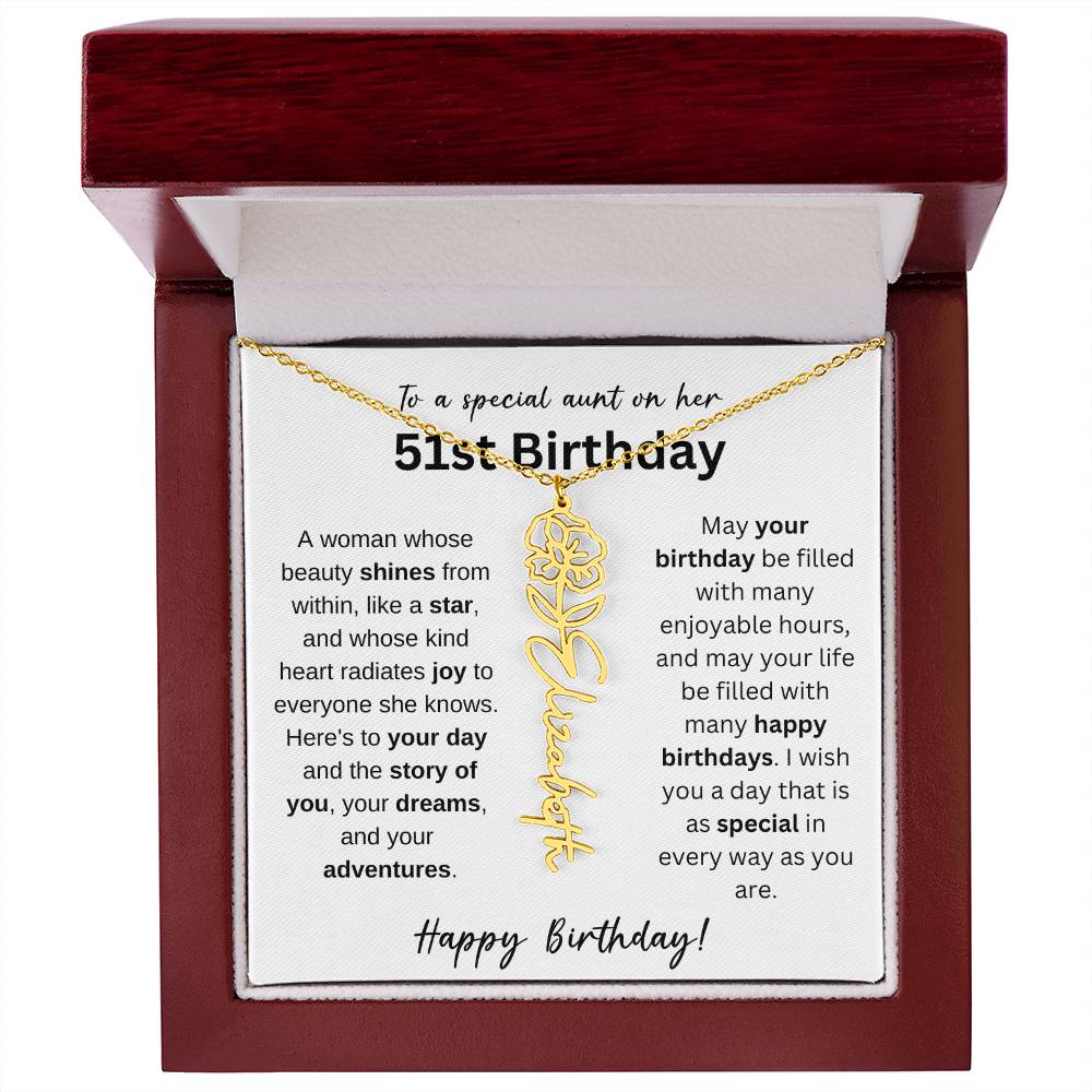 To A Special Aunt Happy 51st Birthday - Flower Name Necklace