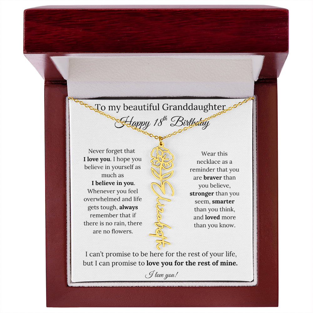18th Birthday Gift for Granddaughter Flower Name Necklace with Message Card