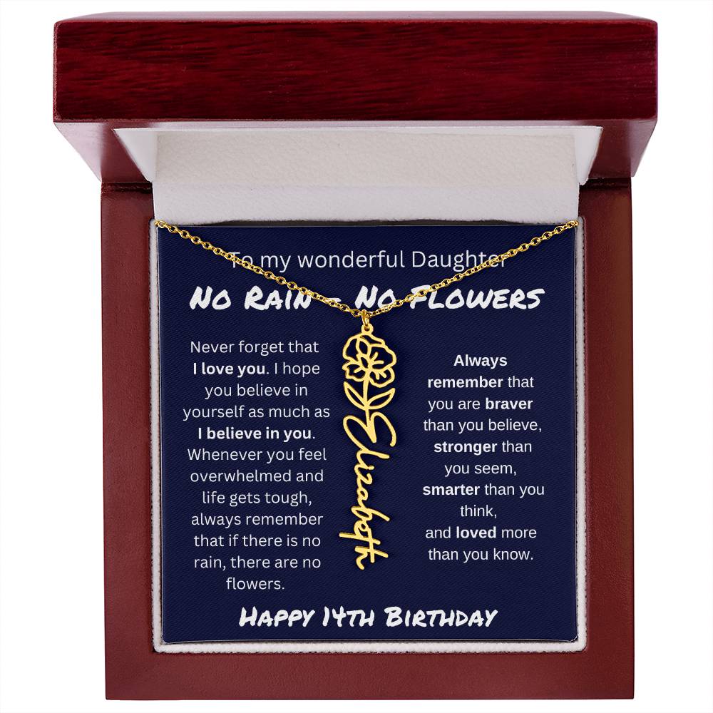 No Rain - No Flower | Happy 14th Birthday | Flower Name Necklace