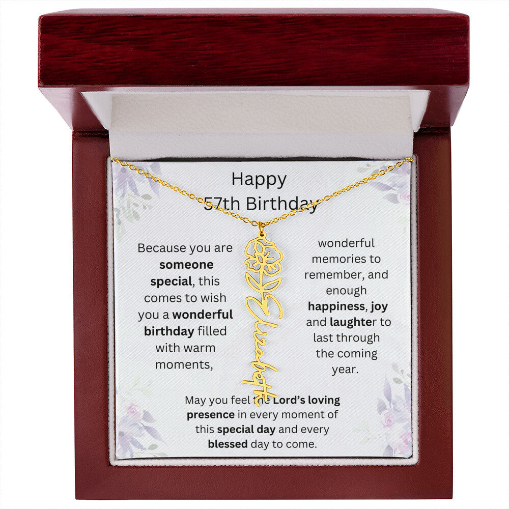 Wishing You Happiness, Joy & Laughter - Happy 57th Birthday | Flower Name Necklace