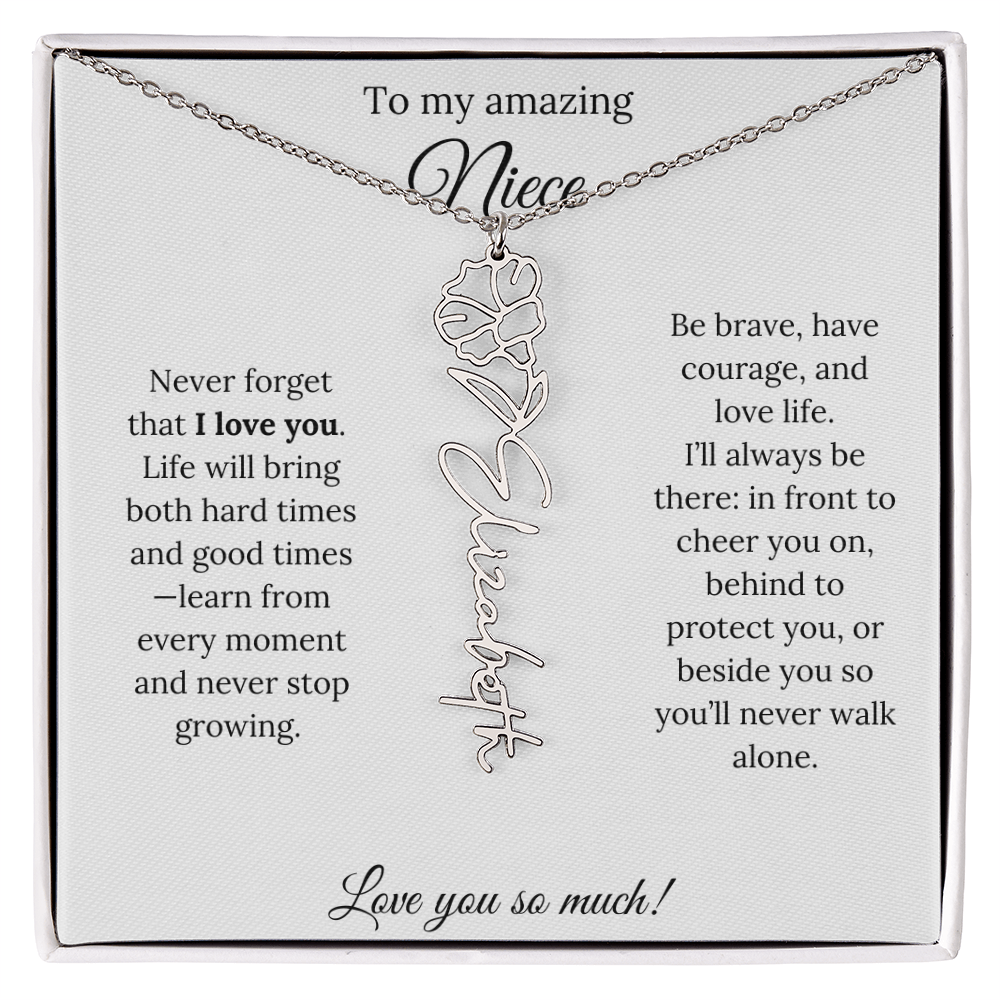 Niece Gift – Birth Flower Name Necklace + Inspiring Message Card