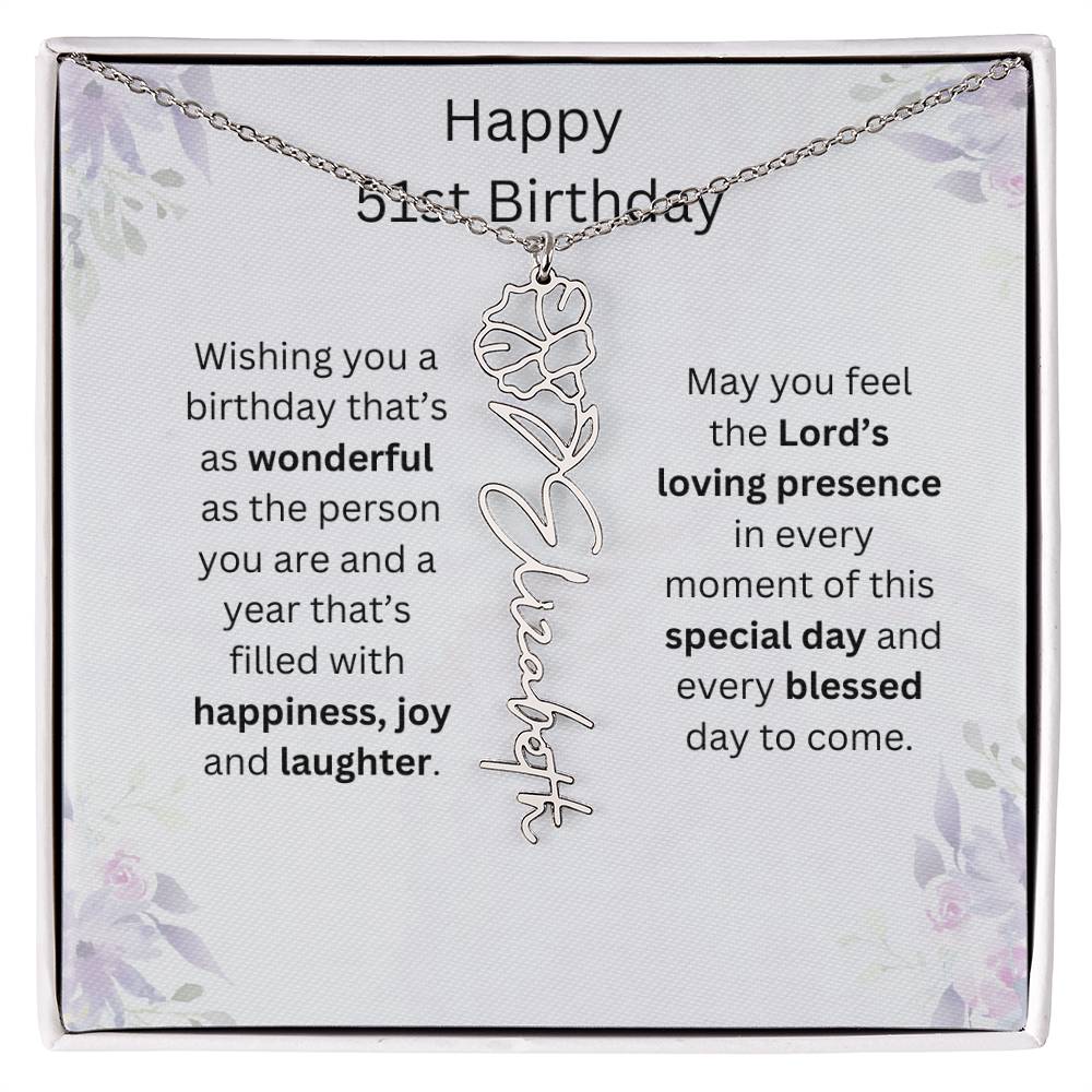Wishing You Happiness, Joy & Laughter - Happy 51st Birthday | Flower Name Necklace