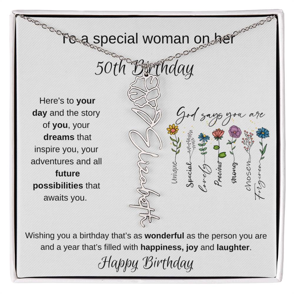 To A Special Woman On Her 50th Birthday - Flower Name Necklace