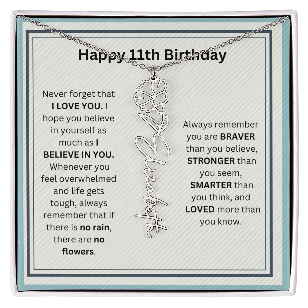 Personalized 11th Birthday Flower Name Necklace Gift