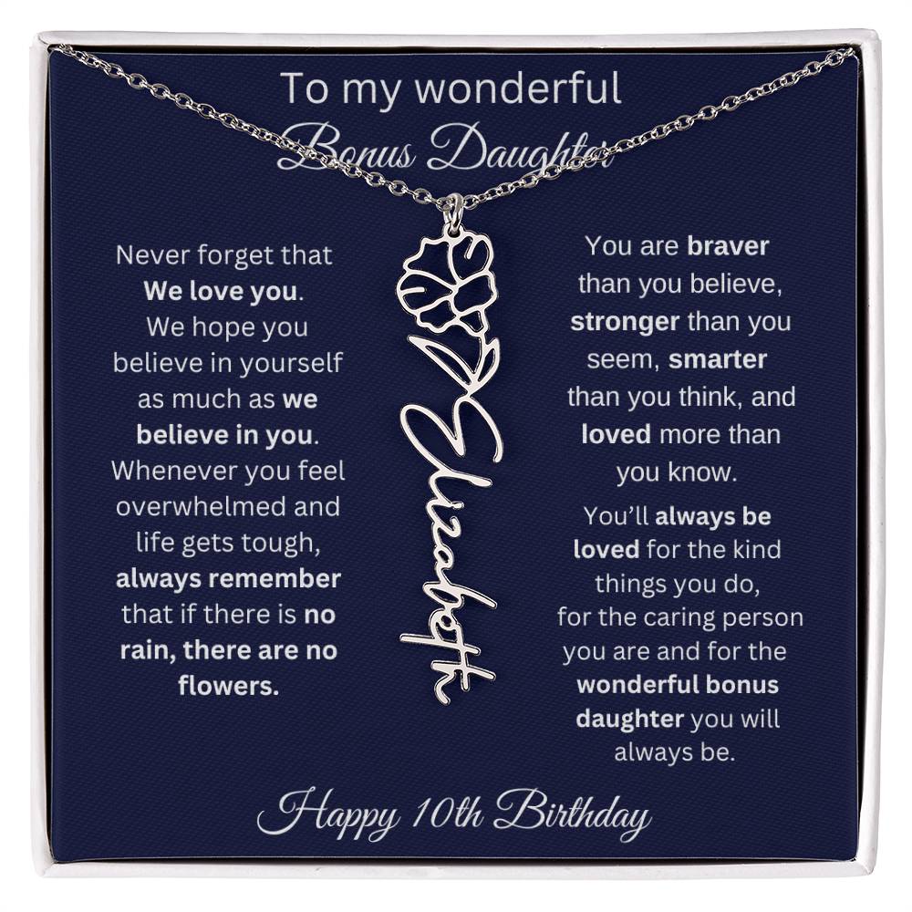 10th Birthday Gift For Bonus Daughter - Personalized Birthmonth Flower Name Necklace