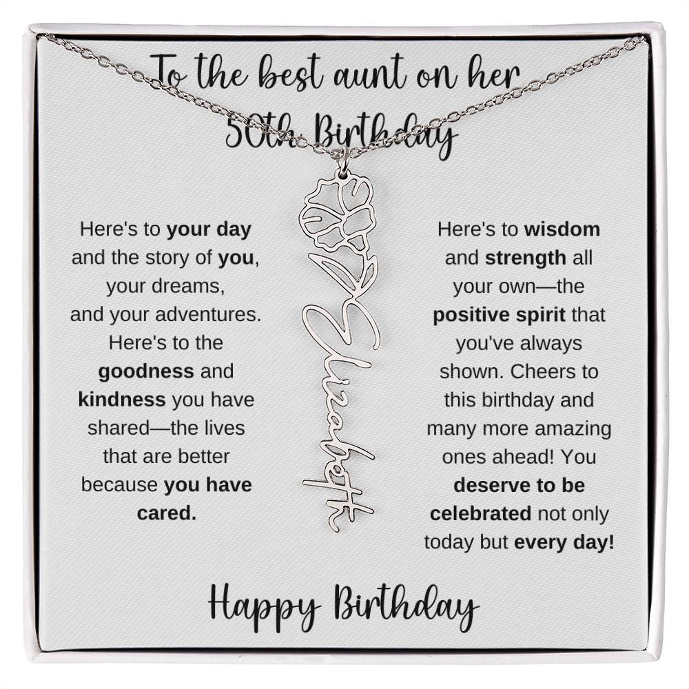To The Best Aunt - Happy 50th Birthday | Flower Name Necklace