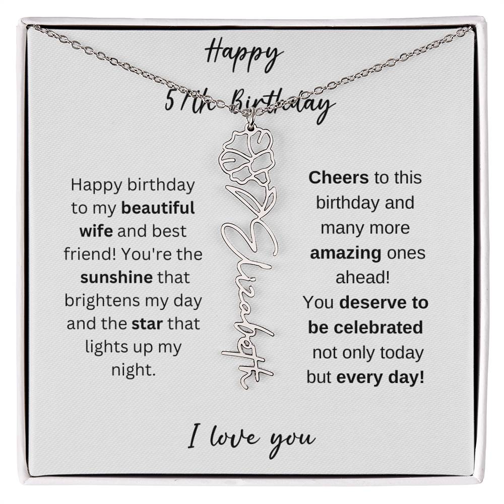 To My Beautiful Wife - Happy 57th Birthday - Flower Name Necklace