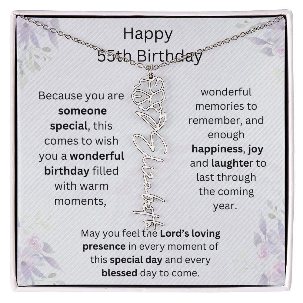 Wishing You Happiness, Joy & Laughter - Happy 55th Birthday | Flower Name Necklace