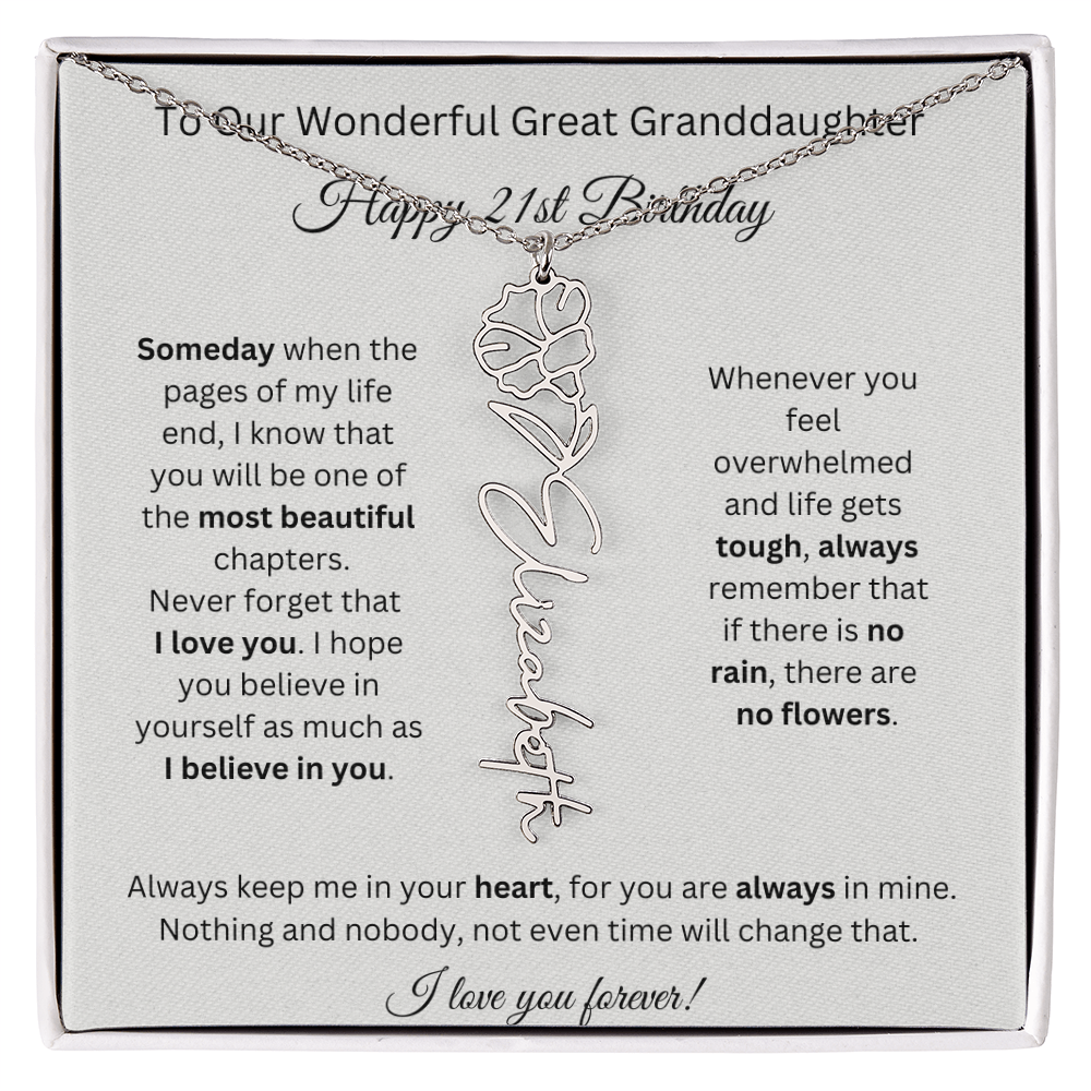 Birthflower Name Necklace To My Great Granddaughter's 21st Birthday