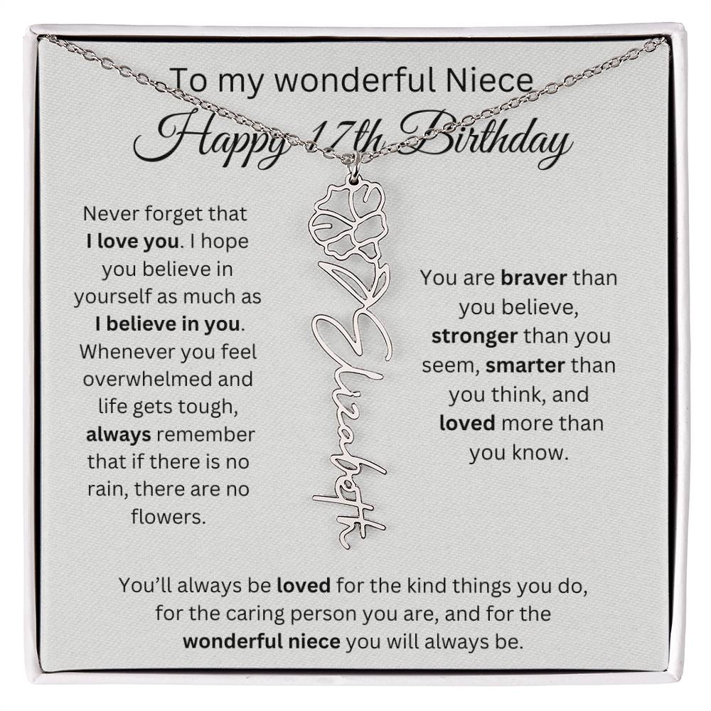 To My Wonderful Niece Happy 17th Birthday - Flower Name Necklace