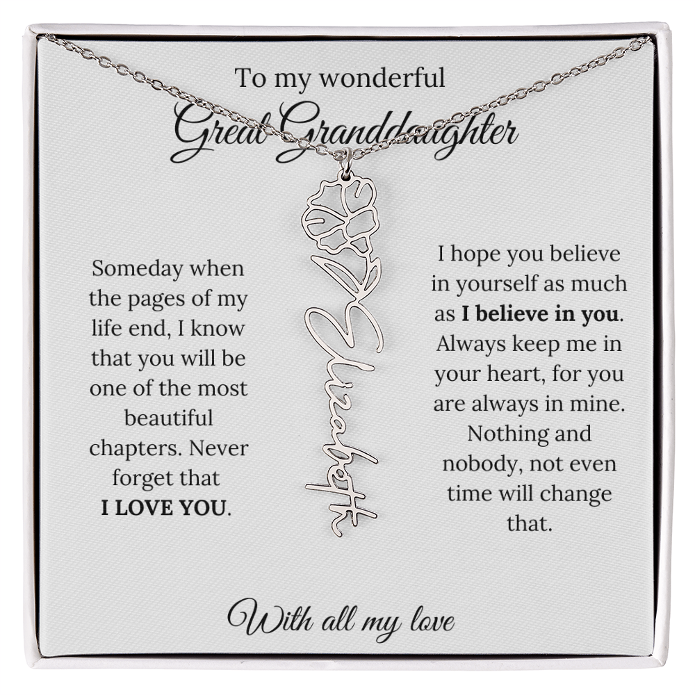 Great Granddaughter Birth Flower Name Necklace – “You Are One of the Most Beautiful Chapters” – Custom Keepsake Jewelry Gift