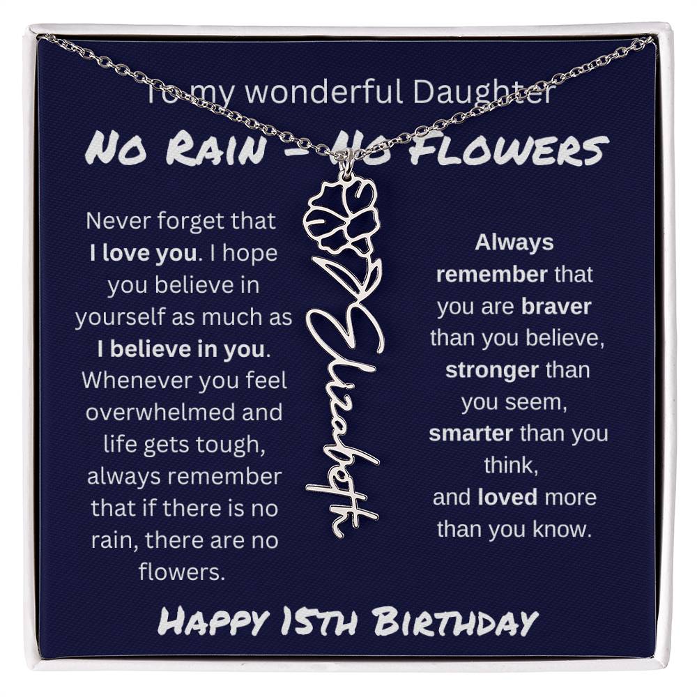 No Rain - No Flower | Happy 15th Birthday | Flower Name Necklace