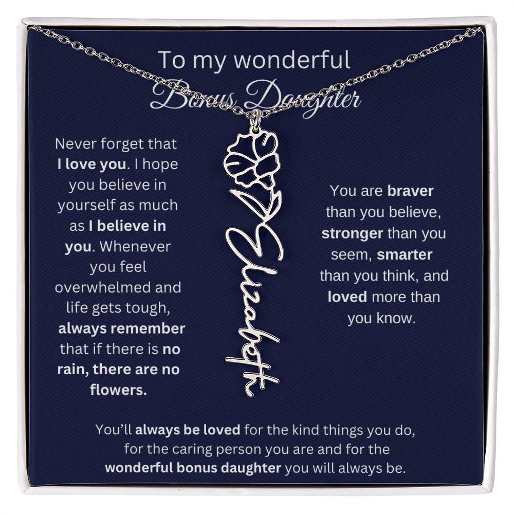 To My Wonderful Bonus Daughter - I Love You - Flower Name Necklace