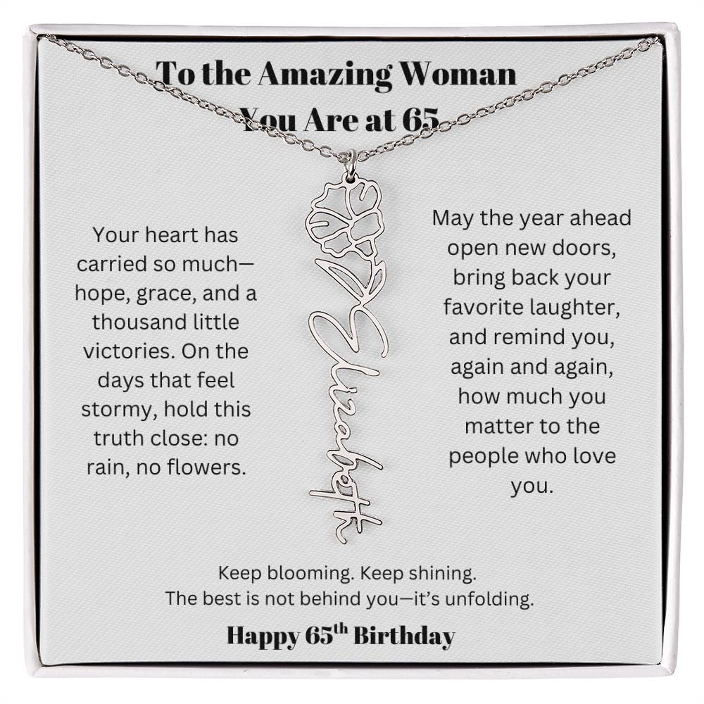 To The Amazing Woman | 65th Birthday Keepsake Jewelry | Flower Name Necklace
