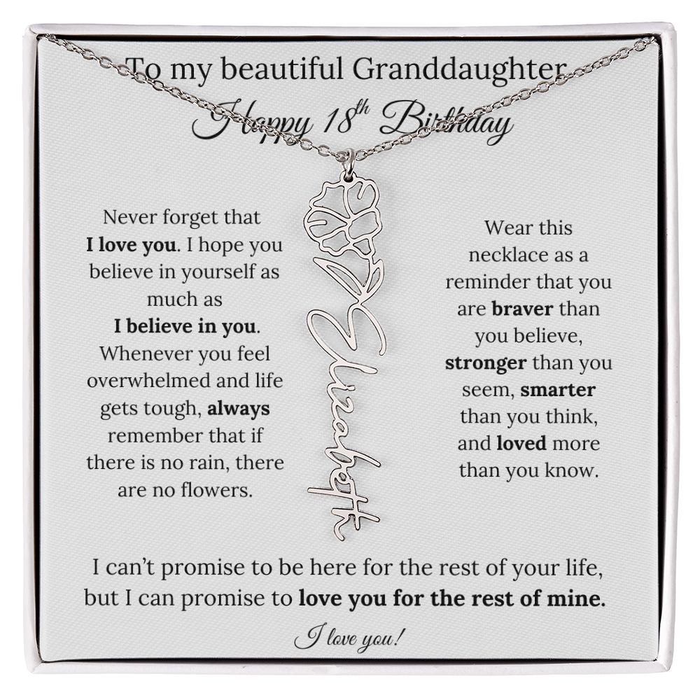 18th Birthday Gift for Granddaughter Flower Name Necklace with Message Card