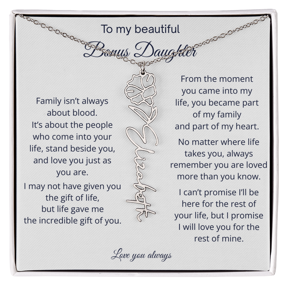 Bonus Daughter Jewelry Gift - Personalized Birth Flower Name Necklace