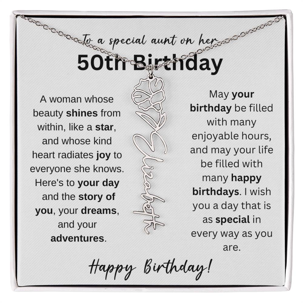 To A Special Aunt Happy 50th Birthday - Flower Name Necklace