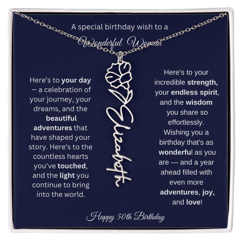 Happy 50th Birthday - Personalized Birth Flower Name Necklace with Message Card