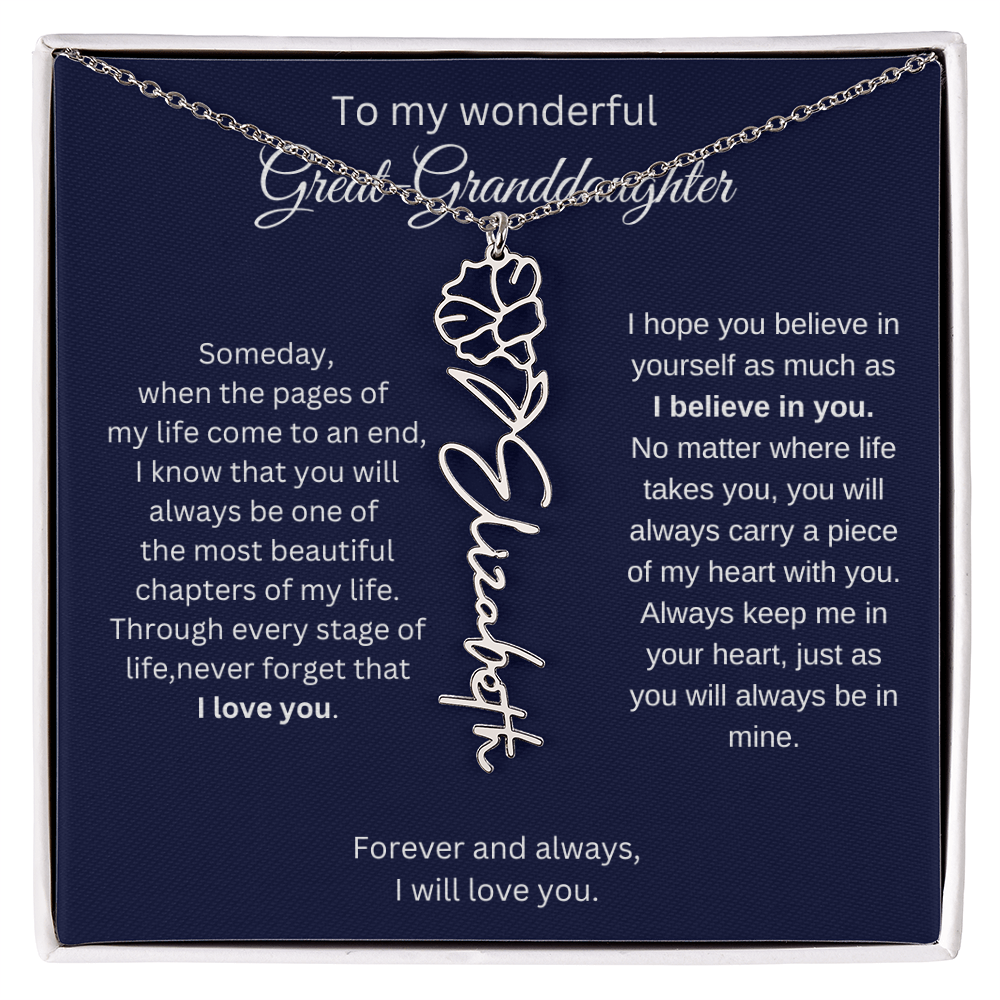 Great Granddaughter Jewelry Gift - Birth Flower Name Necklace