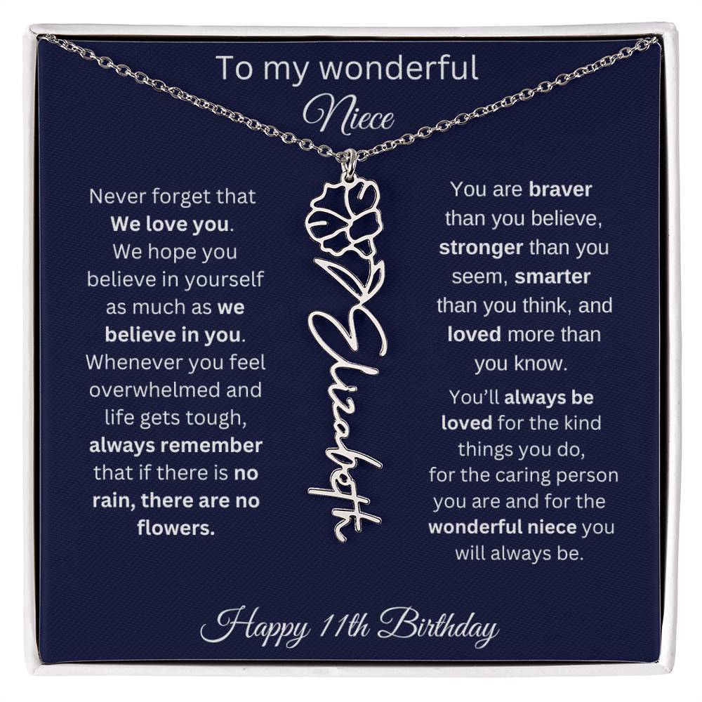 11th Birthday Gift For Niece - Personalized Birthmonth Flower Name Necklace