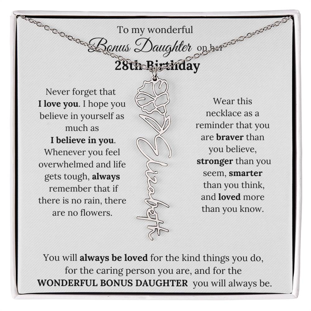 To My Wonderful Bonus Daughter On Her 28th Birthday | I Love You | Flower Name Necklace