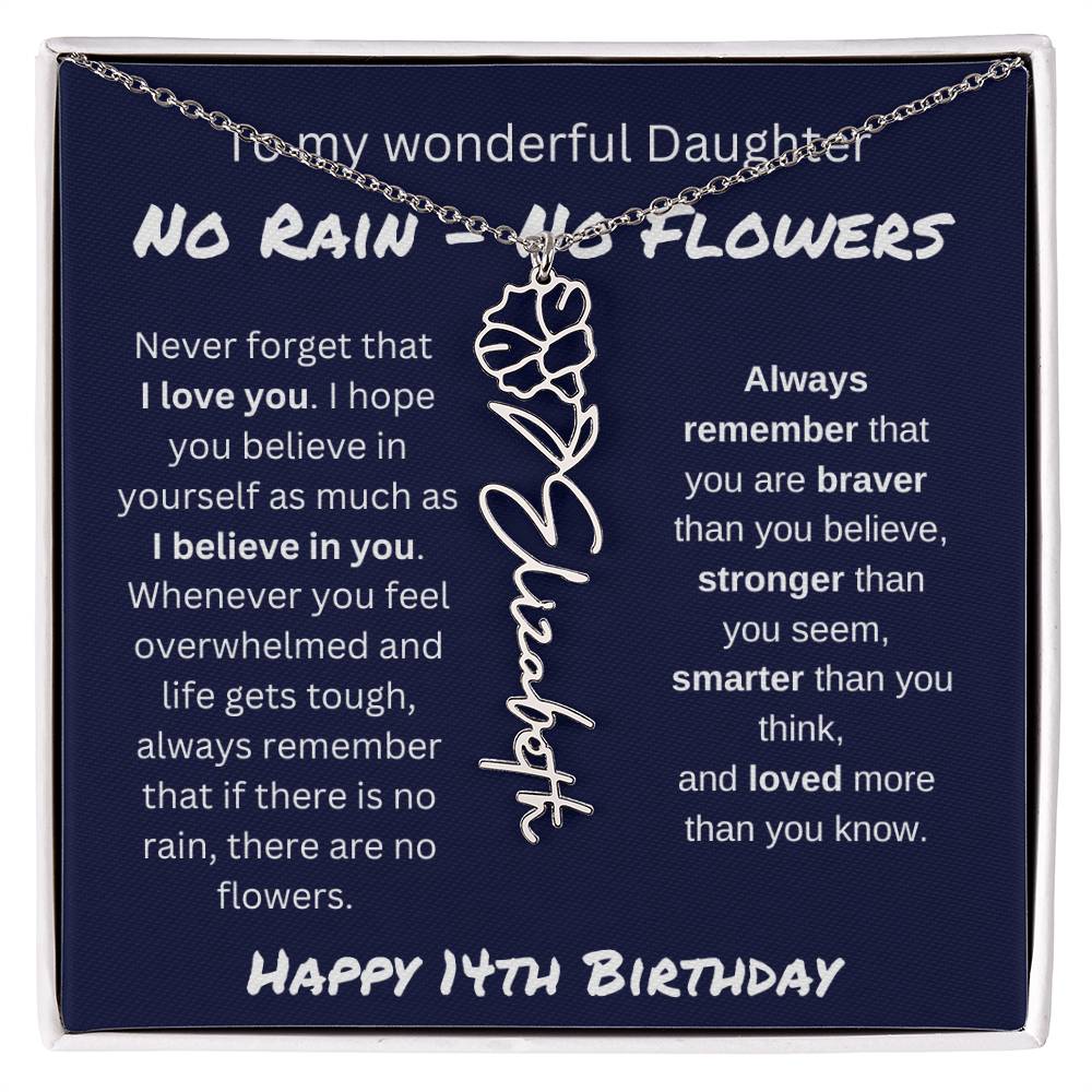 No Rain - No Flower | Happy 14th Birthday | Flower Name Necklace