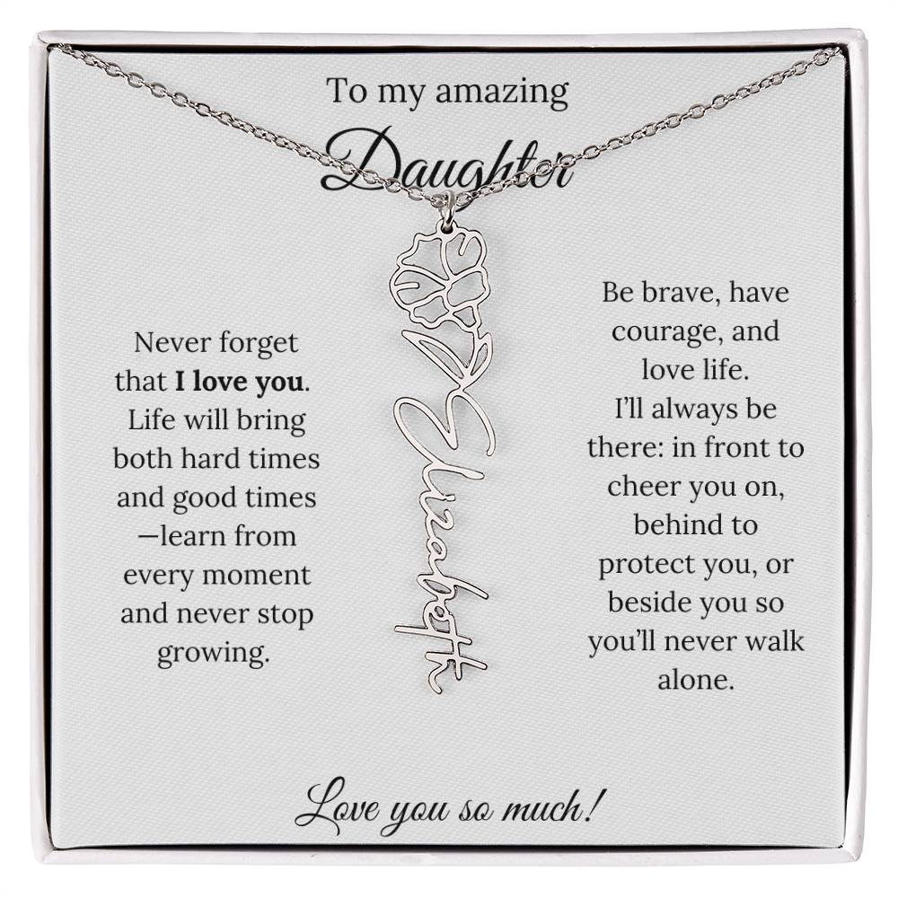 Personalized Daughter Necklace with Birth Flower Name & Inspiring Quote Card