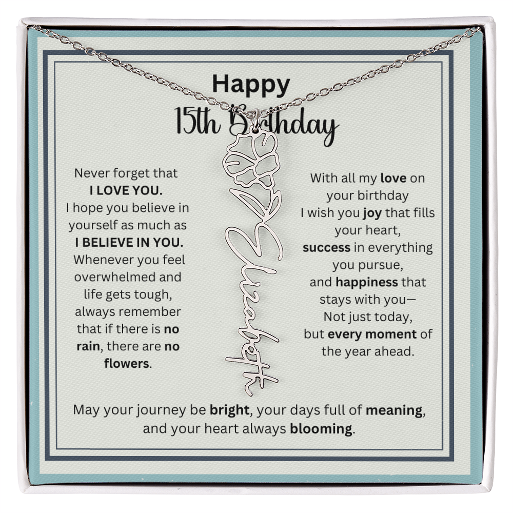 Personalized 15th Birthday Gift for Her - Birth Flower Necklace with Card