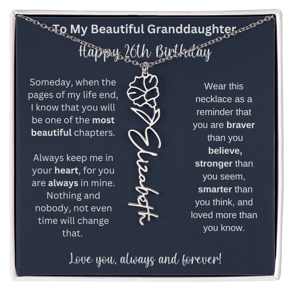 26th Birthday Gift For Granddaughter | Personalized Birth Flower Name Necklace