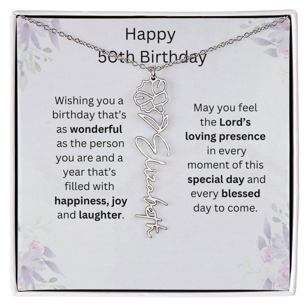 Wishing You Happiness, Joy & Laughter - Happy 50th Birthday | Flower Name Necklace