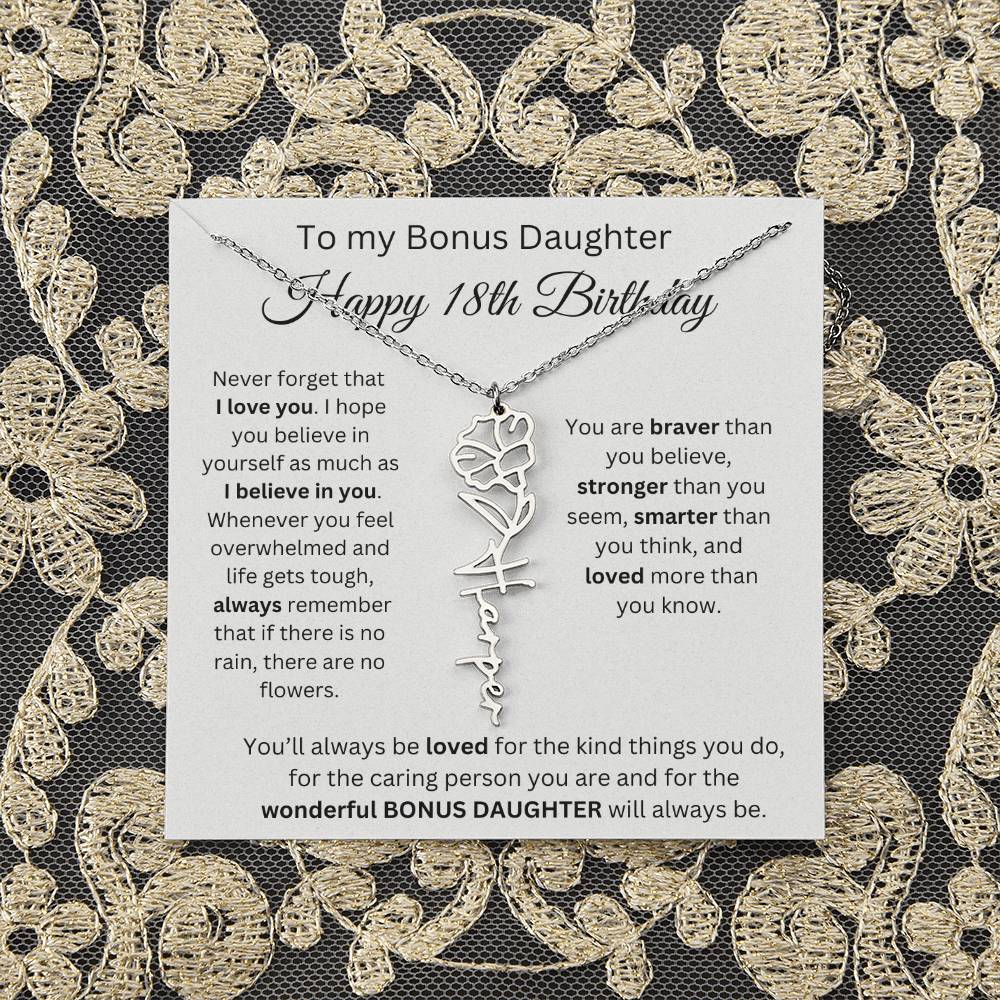 To My Bonus Daughter | Happy 18th Birthday | Flower Name Necklace
