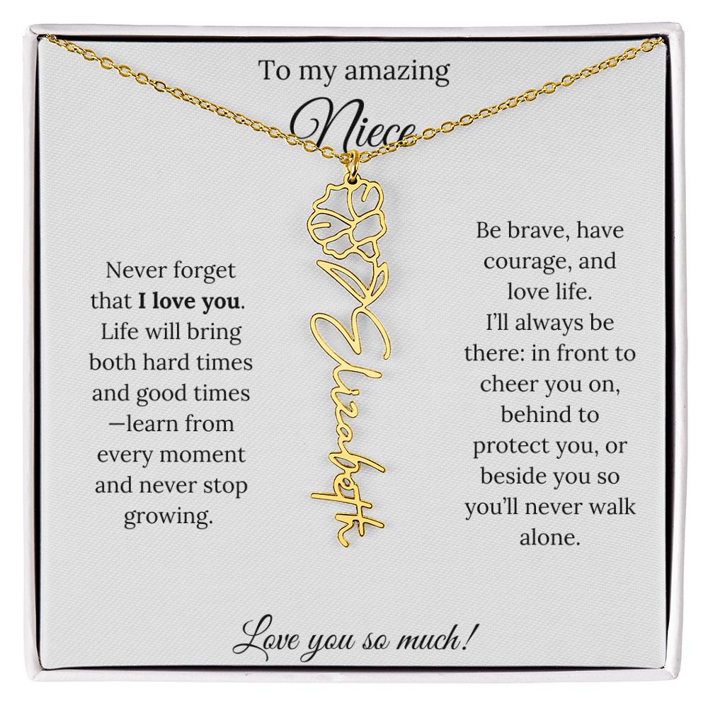 Niece Gift – Birth Flower Name Necklace + Inspiring Message Card