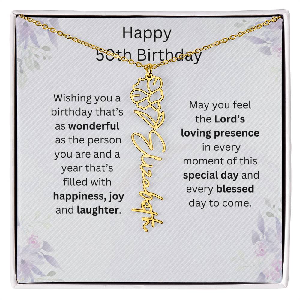 Wishing You Happiness, Joy & Laughter - Happy 50th Birthday | Flower Name Necklace