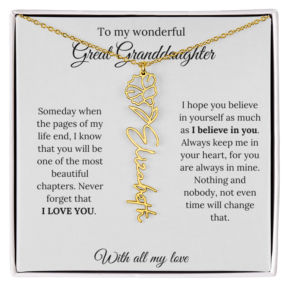 Great Granddaughter Birth Flower Name Necklace – “You Are One of the Most Beautiful Chapters” – Custom Keepsake Jewelry Gift