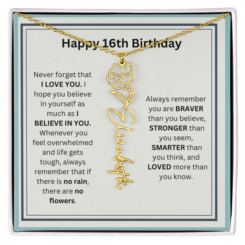 Personalized 16th Birthday Flower Name Necklace Gift