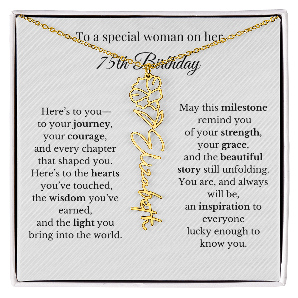 75th Birthday Gift To A Special Woman | Personalized Birth Flower Name Necklace