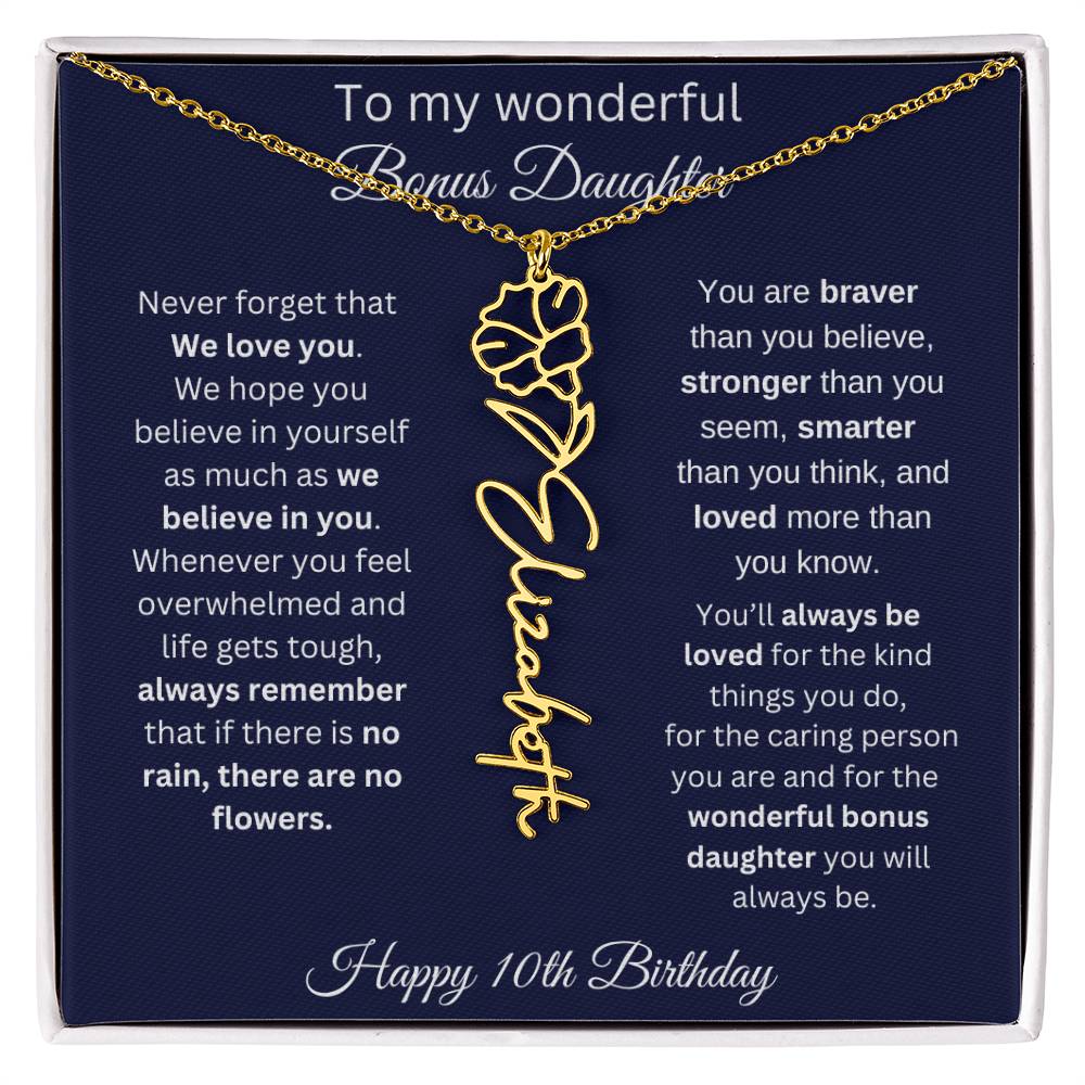 10th Birthday Gift For Bonus Daughter - Personalized Birthmonth Flower Name Necklace