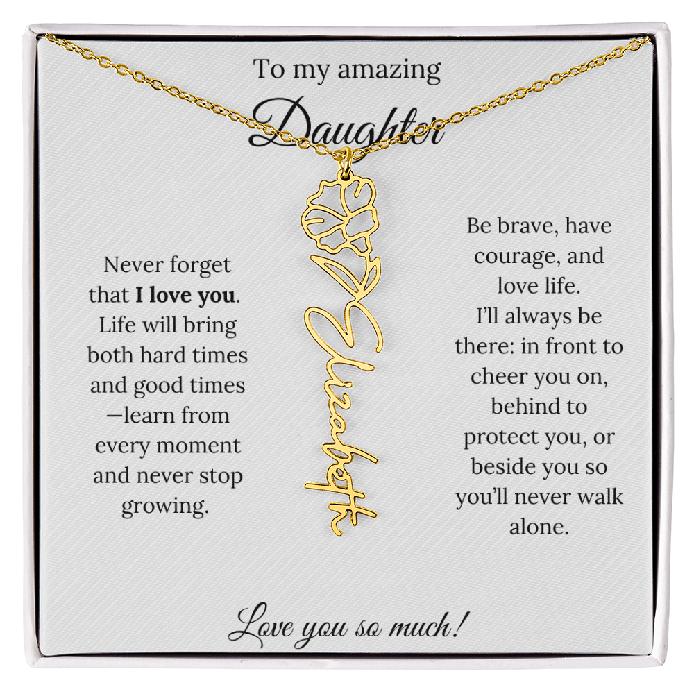 Personalized Daughter Necklace with Birth Flower Name & Inspiring Quote Card