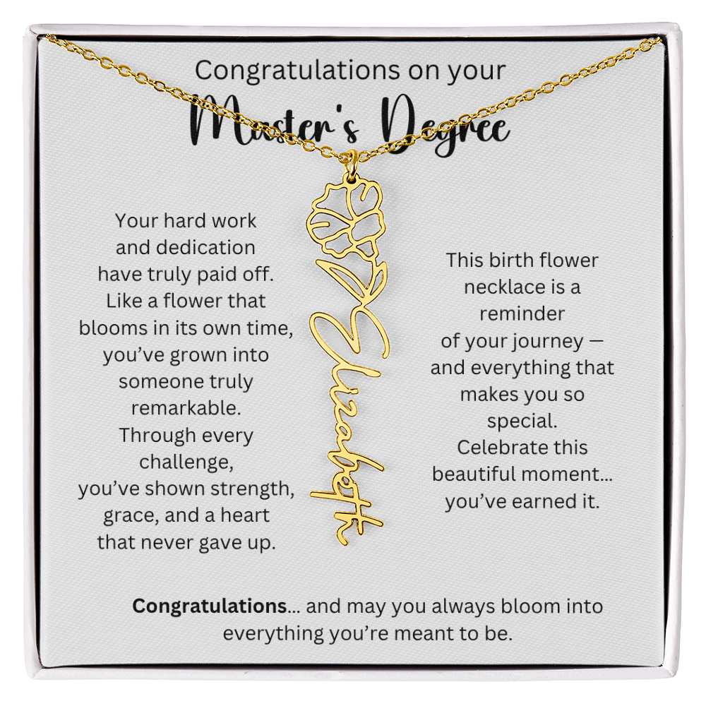 Personalized Masters Graduation Keepsake Gift - Birth Flower Name Necklace