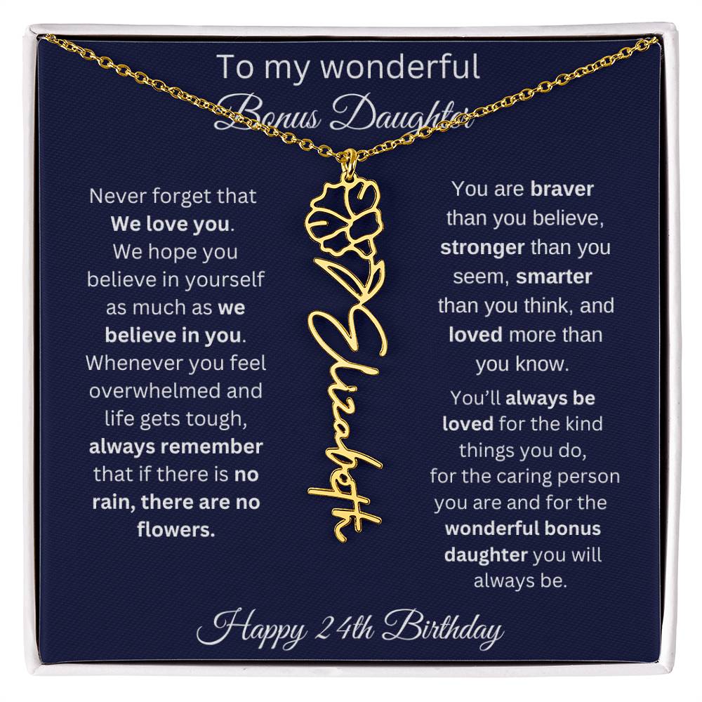 24th Birthday Gift For Bonus Daughter - Personalized Birthmonth Flower Name Necklace