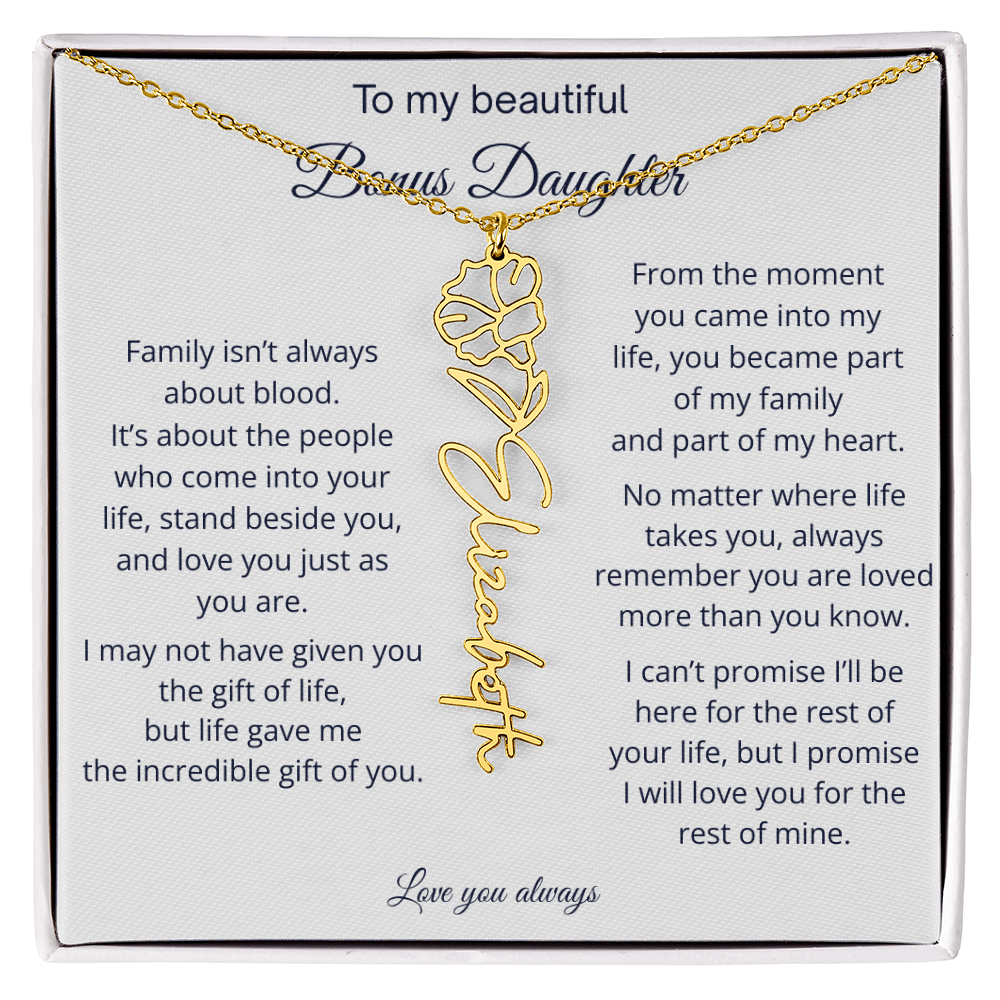 Bonus Daughter Jewelry Gift - Personalized Birth Flower Name Necklace