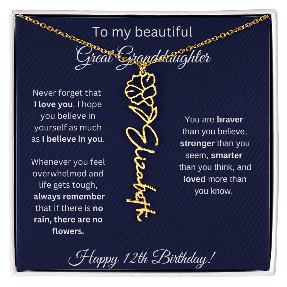 12th Birthday Gift For Great Granddaughter - Birthmonth Flower Name Necklace