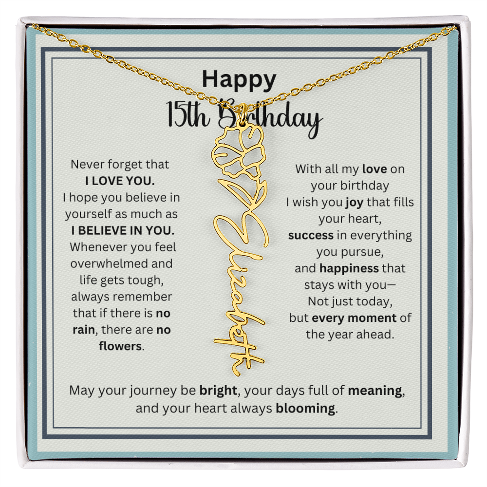 Personalized 15th Birthday Gift for Her - Birth Flower Necklace with Card