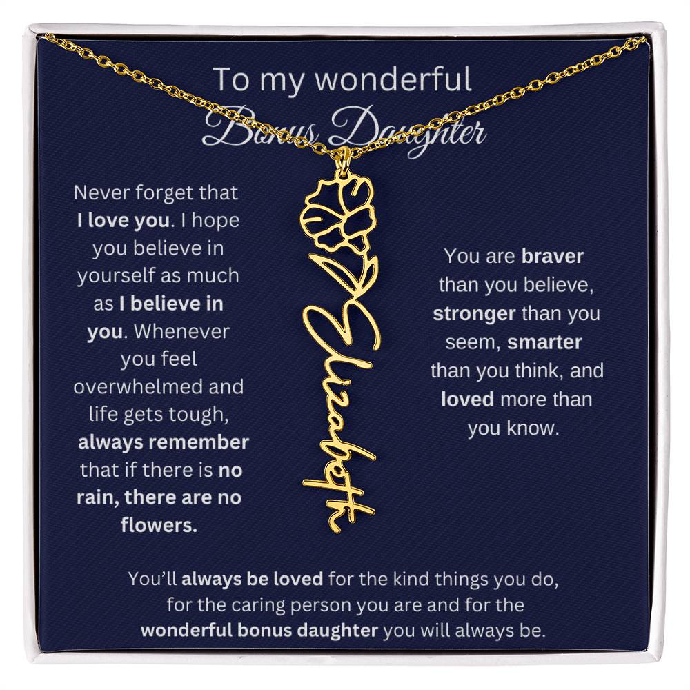 To My Wonderful Bonus Daughter - I Love You - Flower Name Necklace