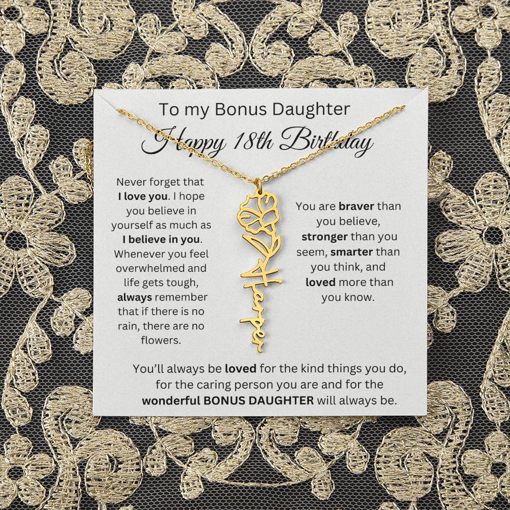 To My Bonus Daughter | Happy 18th Birthday | Flower Name Necklace
