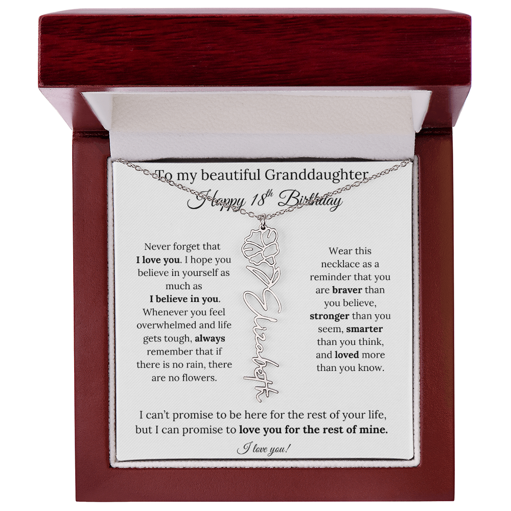 18th Birthday Gift for Granddaughter Flower Name Necklace with Message Card